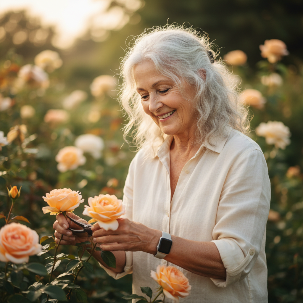 A woman smiling while gardening